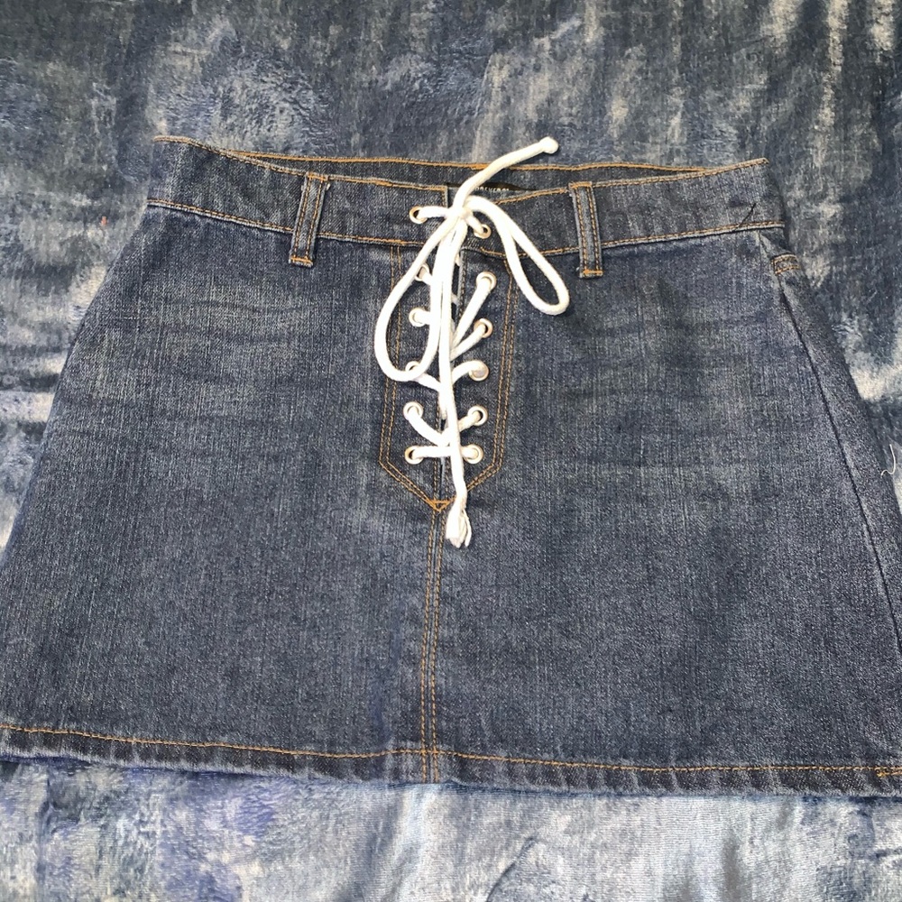 Lace up jean skirt